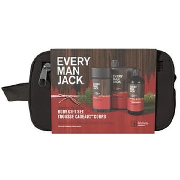 Every Man Jack Men's Bath and Body Christmas Holiday Gift Set for All Skin Types, Cedarwood, 4 Pieces - Body Wash, Shampoo, Deodorant, and Dopp Bag