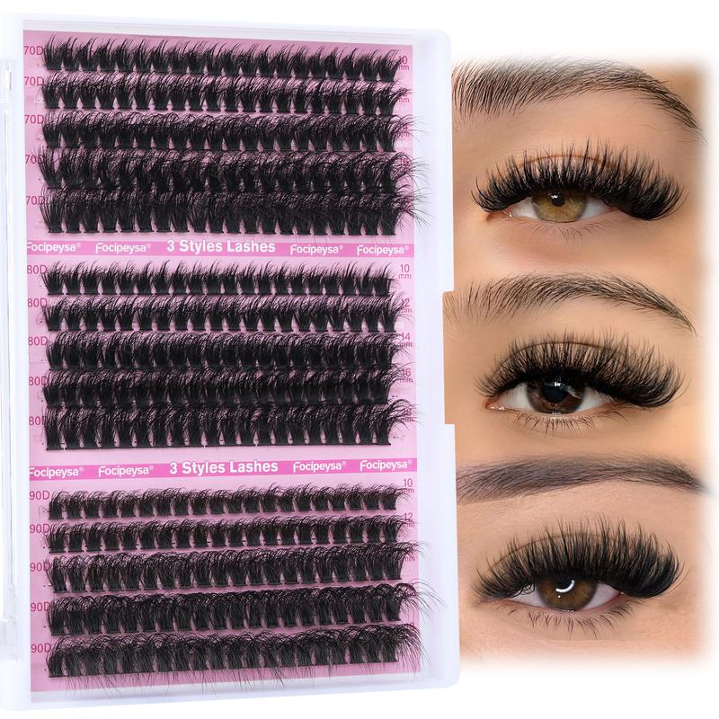 Focipeysa 3 Styles Lash Clusters Fluffy Volume Lash Extension Wispy Eyelash Clusters 70P 80P 90P Clusters Lash DIY Eyelash Extension Kit with Lash Bond and Seal Lash Applicator for Beginners D Curl Lash Extensions (D-10-18MM-02A)