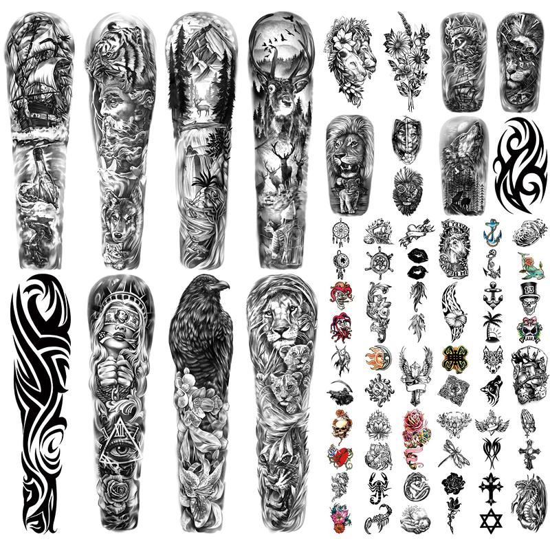 46 Sheets Full Arm Temporary Tattoo with Lion, Temporary Tattoo Sleeves for Men, Fake Tattoos Adult Realistic with Flower, Full Sleeve Tattoos for Women, Wolf Eagle & Deer