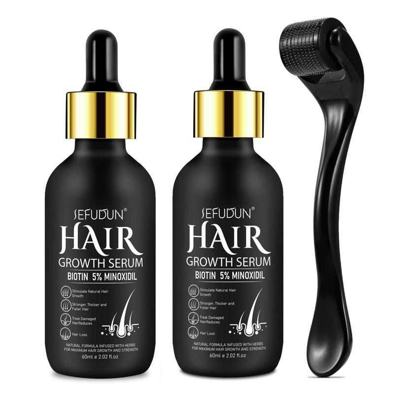 SEFUDUN 2 Counts 5% Minoxidil Hair Serum & 1 Count Micro Needle Roller, Roller Help with Faster Absorption, With Biotin, for Thicker Hair, Obvious Effect, Hair Loss Product, Suitable for Men and Women, Christmas Gift