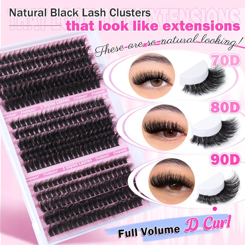 Focipeysa 3 Styles Lash Clusters Fluffy Volume Lash Extension Wispy Eyelash Clusters 70P 80P 90P Clusters Lash DIY Eyelash Extension Kit with Lash Bond and Seal Lash Applicator for Beginners D Curl Lash Extensions (D-10-18MM-02A)