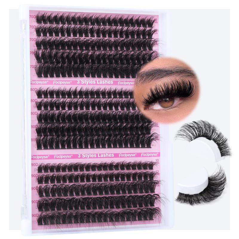 Focipeysa 3 Styles Lash Clusters Fluffy Volume Lash Extension Wispy Eyelash Clusters 70P 80P 90P Clusters Lash DIY Eyelash Extension Kit with Lash Bond and Seal Lash Applicator for Beginners D Curl Lash Extensions (D-10-18MM-02A)