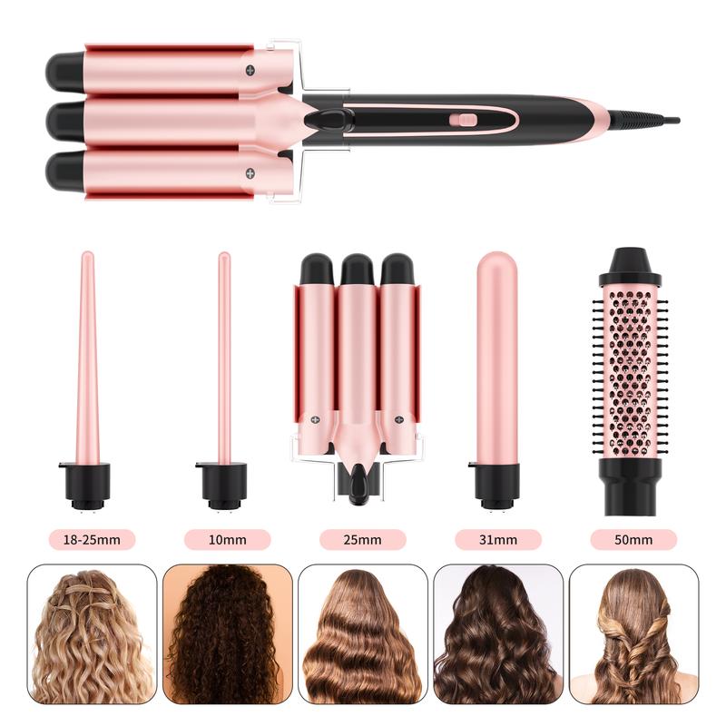 Heikki Vision 5-in-1 Curling Iron Set with Curling Brush and 4 Interchangeable Ceramic Curling Irons, Instant Heat, Includes Thermal Glove and 2 Clips (US Standard)