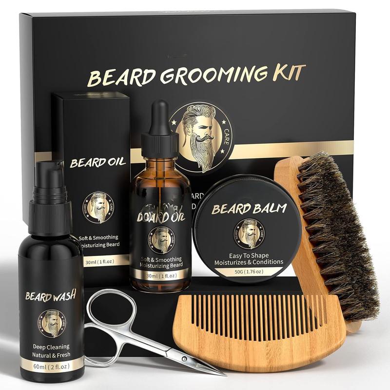 Beard Growth and  Set - 6 count Wash Shampoo, Oil, Balm, Comb, Brush,  -  Gift for Men