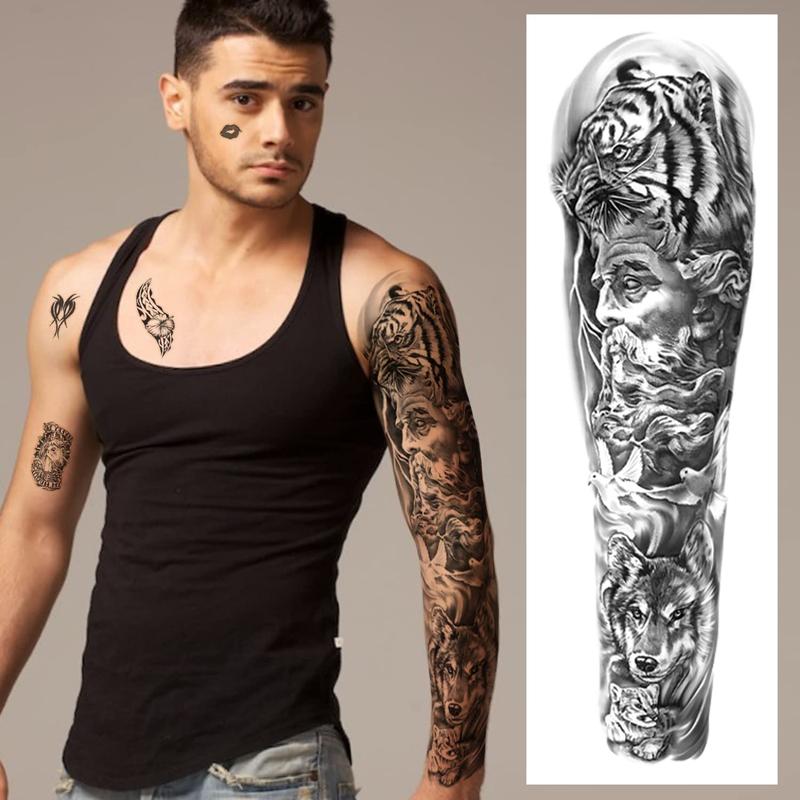 46 Sheets Full Arm Temporary Tattoo with Lion, Temporary Tattoo Sleeves for Men, Fake Tattoos Adult Realistic with Flower, Full Sleeve Tattoos for Women, Wolf Eagle & Deer