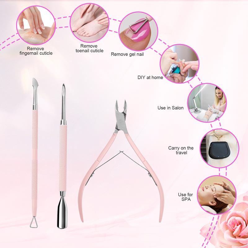 Makartt Cuticle Trimmer with Cuticle Pusher, 3 PCS Pink Nail Cuticle Nipper Professional Pedicure Manicure Tools with Stainless Steel Dual End Pusher, Nail Scraper Nail Care Nail Art