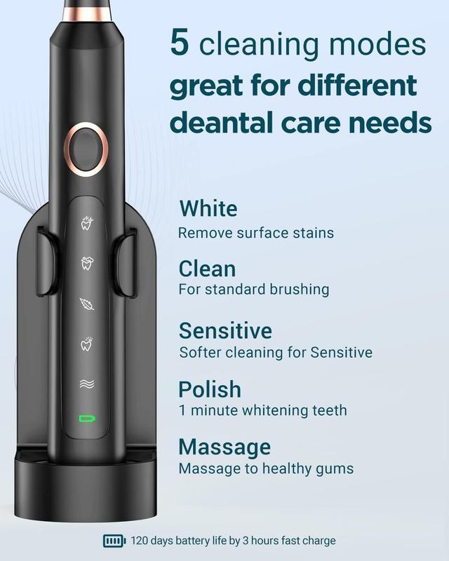 Electric Toothbrush - Rechargeable Electric Toothbrushes with 8 Brush Heads & Holder, Travel Case, Power Electric Toothbrush with Holder，3 Hours Charge for 120 Days