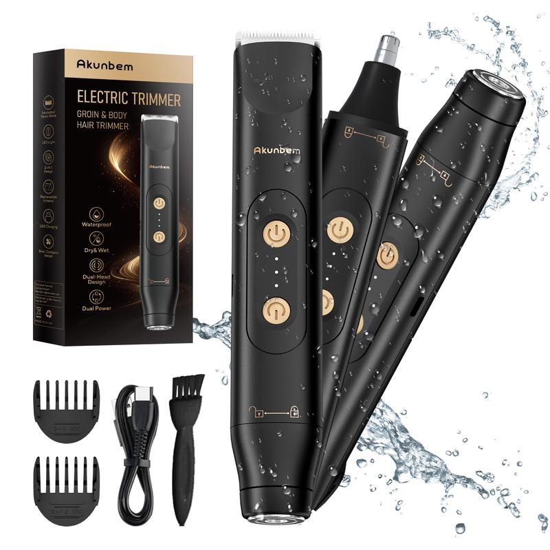 Akunbem Electric Groin Hair Trimmer for Men,Nose Hair Trimmer, Dual Heads Waterproof Ball Pubic Shaver for Male and Female, Replaceable Ceramic Blade Heads，Wet Dry Body Razor, Christmas and Halloween & Husband Gift for Birthday