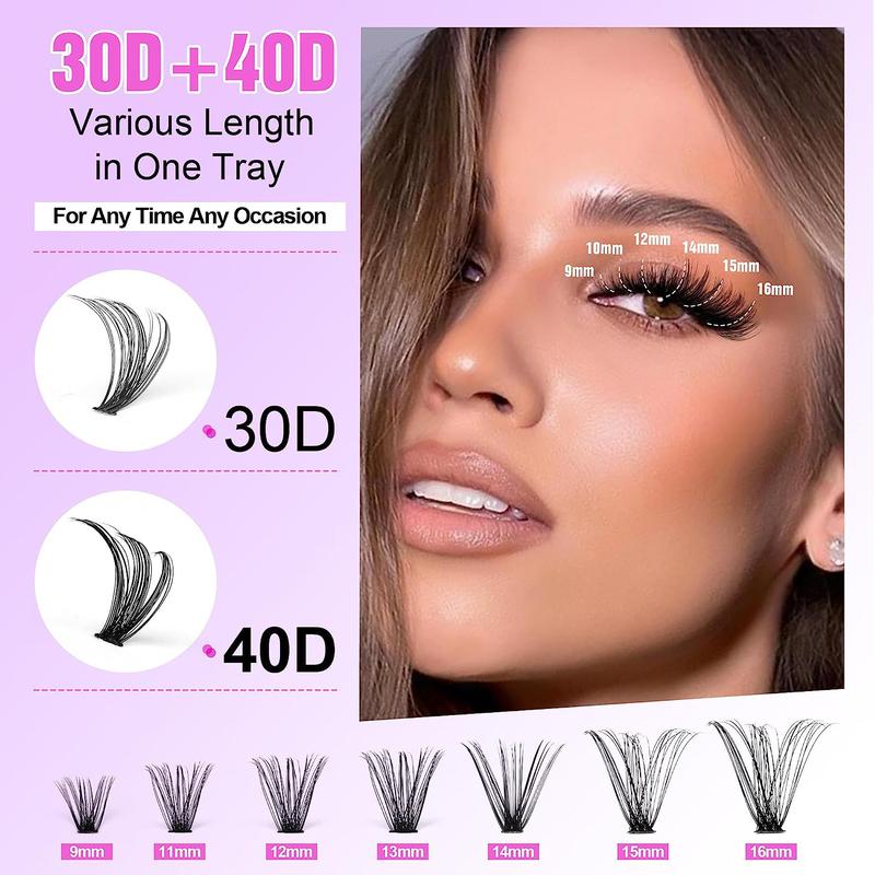 280pcs Individual Lashes Cluster D Curl Eyelash Extension Kit Lash Clusters with Lash Bond and Seal and Lash Applicator Tool for Self Application (KIT,30D+40D-9-16MIX)