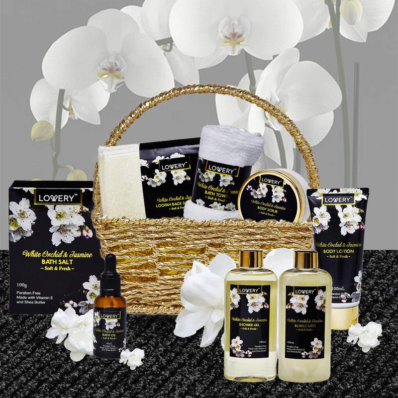 White Orchid Home Bath Set - 8Pc Gift Basket Body Care Luxury