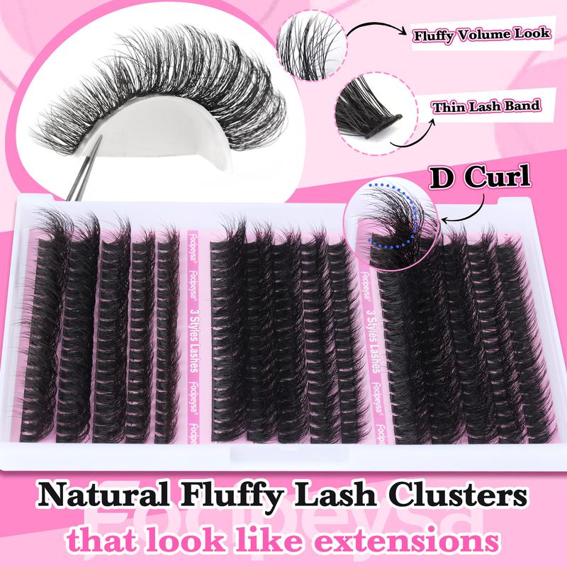 Focipeysa 3 Styles Lash Clusters Fluffy Volume Lash Extension Wispy Eyelash Clusters 70P 80P 90P Clusters Lash DIY Eyelash Extension Kit with Lash Bond and Seal Lash Applicator for Beginners D Curl Lash Extensions (D-10-18MM-02A)