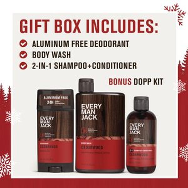 Every Man Jack Men's Bath and Body Christmas Holiday Gift Set for All Skin Types, Cedarwood, 4 Pieces - Body Wash, Shampoo, Deodorant, and Dopp Bag