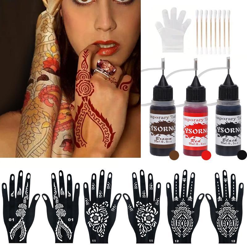 Boho Style Temporary Tattoo Kit, Including Hollow Out Hand Template & Colorful Tattoo Ink, DIY Temporary Tattoo Kit for Women & Men