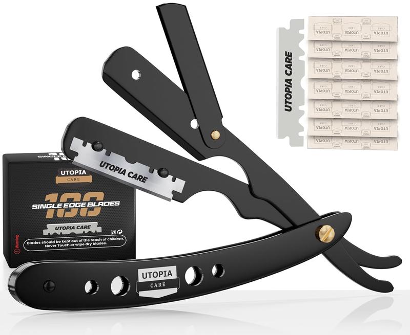 Utopia Care Professional Barber Straight Edge Razor Safety with 100-Pack Blades - 100 Percent Stainless Steel (Black)