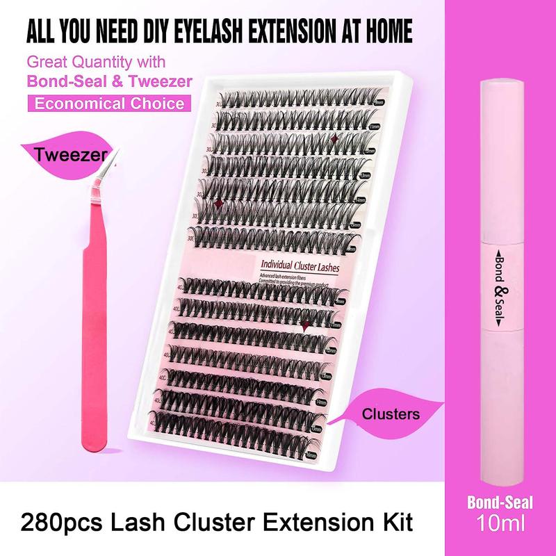 280pcs Individual Lashes Cluster D Curl Eyelash Extension Kit Lash Clusters with Lash Bond and Seal and Lash Applicator Tool for Self Application (KIT,30D+40D-9-16MIX)