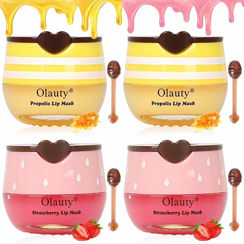 4 PCS Bee Lip Balm & Lip Mask Set – Honey Pot, Honey & Strawberry Lip Mask, Propolis Moisturizing Lip Balm with Stick – Hydrating, Exfoliating, and Preventing Dry & Chapped Lips, Lip Care & Fine Line Treatment