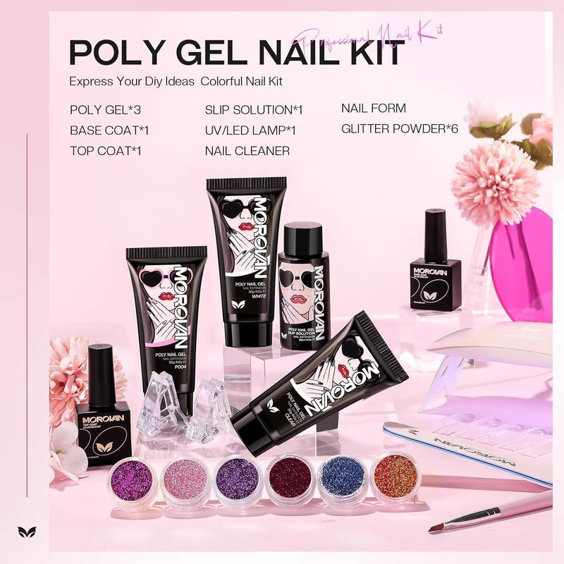 Morovan Poly Gel Nail Kit: 1OZ Large Capacity Poly Nail Gel Kit Best Valentine Gift For Her with UV Light - Clear Pink Poly Extension Gel for Beginners with Everything All In One Poly Gel Kits for Nail Manicure Starter