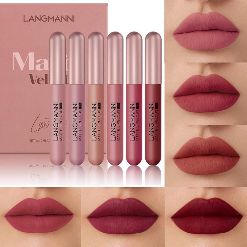 6 Pcs Matte Liquid Lipstick Makeup Set Velvety Liquid Lipstick Long Lasting Durable Nude Lip Gloss Beauty Cosmetics Set for Girls and Women