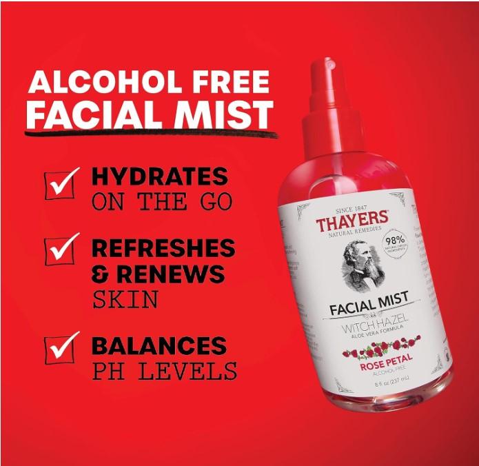 THAYERS Alcohol-Free Witch Hazel Facial Mist Toner with Aloe Vera, Rose Petal, 8 Ounce