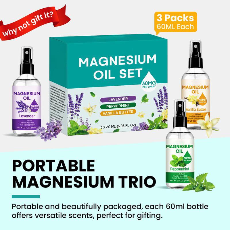 3 Pack Portable Topical Magnesium Oil Spray for Feet & Body & Hand, Fast Absorption, Less Sting, Ultra-Soothing, Relax for Sleep & Muscle, Deodorant Oil Spray include Vanilla & Mint & Lavender & Tea Tree & Orange & Refreshing Odourless Body Care Comfort