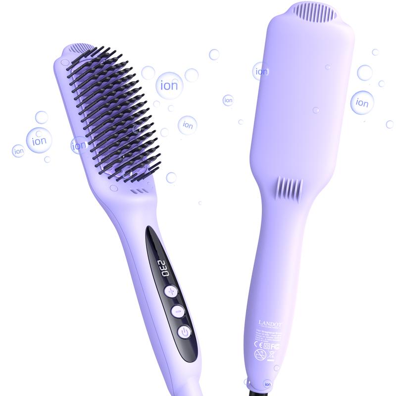 Heated Hair Straightener Brush - Negative Ion Ceramic Flat Iron Brush for Quick & Smooth Frizz-Free Hair | Dual Voltage Salon Comfort