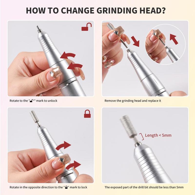 Professional Rechargeable Nail Drill with Nail Drill Bits Kit, 1 Box Portable Electric Nail File for Manicure and Pedicure, Acrylic Gel Grinding Tool for Home and Salon Use, Nail Drill Machine, Nail Drilling Machine