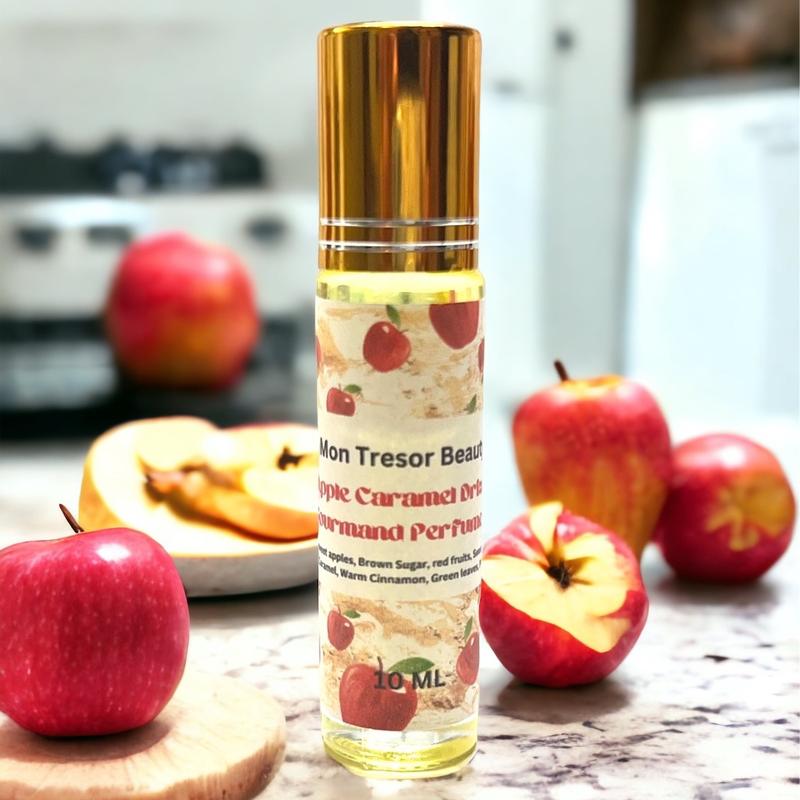 Apple Caramel Drizzle gourmand Body oil Roll- On, fresh picked apples, hint of caramel, sweet vanilla, brown sugar, red fruits, natural scent, cruelty free body oil roll-on, aroma, scented body oil roll-on