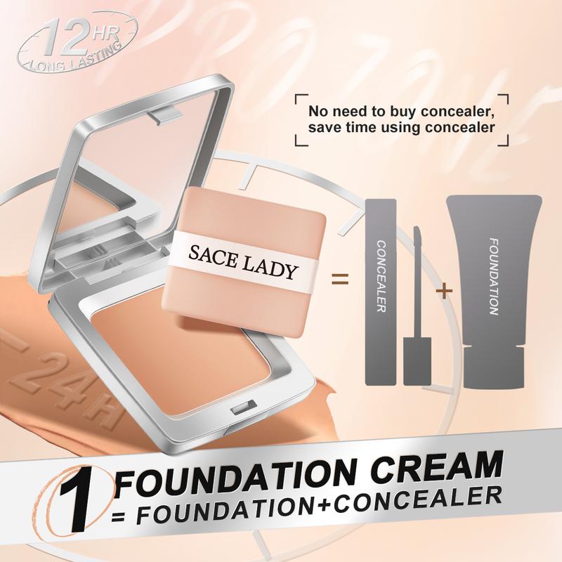 SACE LADY Powder Foundation Lasting Matte Foundation Cream Full Coverage Waterproof Face Makeup With Mirror 0.30Oz