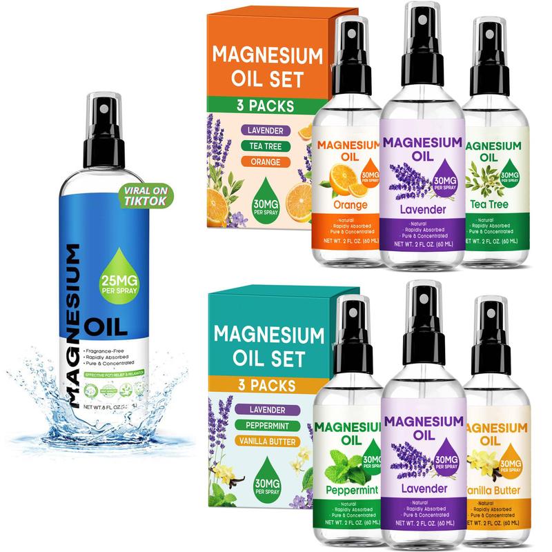 3 Pack Portable Topical Magnesium Oil Spray for Feet & Body & Hand, Fast Absorption, Less Sting, Ultra-Soothing, Relax for Sleep & Muscle, Deodorant Oil Spray include Vanilla & Mint & Lavender & Tea Tree & Orange & Refreshing Odourless Body Care Comfort