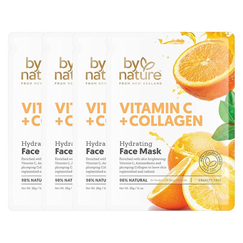 4pk Vitamin C + Collagen Hydrating Face Masks - Premium Face Mask Skin Care That Leaves Skin Replenished & Radiant - Moisturizing, Nutrient-Rich Sheet Masks for Face Promoting Elasticity & Firmness