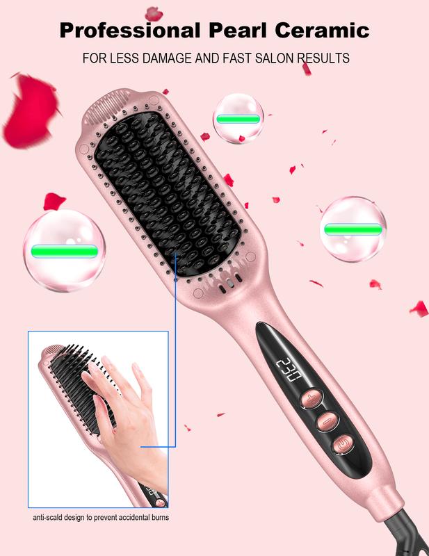 Heated Hair Straightener Brush - Negative Ion Ceramic Flat Iron Brush for Quick & Smooth Frizz-Free Hair | Dual Voltage Salon Comfort