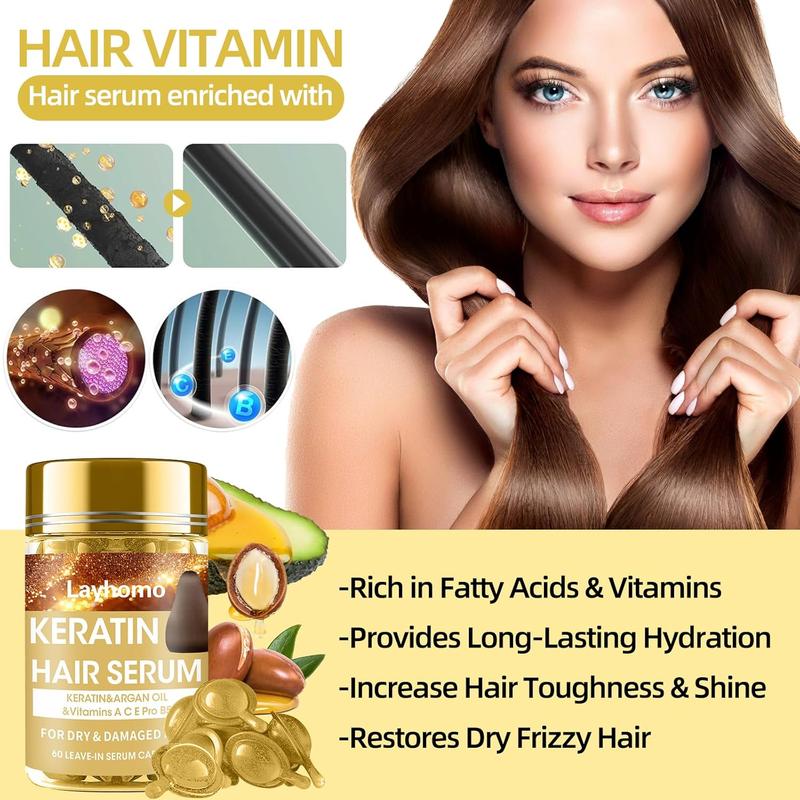 Keratin hair treatment serum, 60 capsules hair treatment oil for dry damaged hair, hair oil with keratin, argan oil-leave-in anti frizz conditioner with vitamins A, C, E & B5-no rinse for hair types