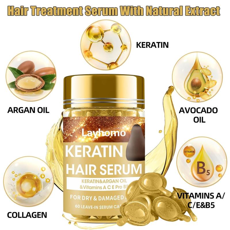 Keratin hair treatment serum, 60 capsules hair treatment oil for dry damaged hair, hair oil with keratin, argan oil-leave-in anti frizz conditioner with vitamins A, C, E & B5-no rinse for hair types