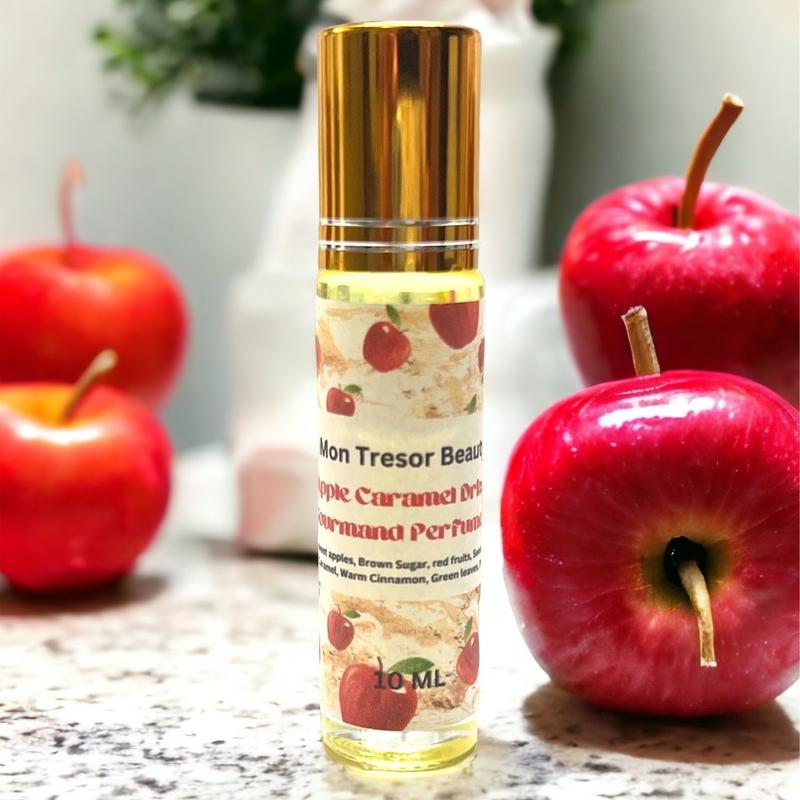 Apple Caramel Drizzle gourmand Body oil Roll- On, fresh picked apples, hint of caramel, sweet vanilla, brown sugar, red fruits, natural scent, cruelty free body oil roll-on, aroma, scented body oil roll-on