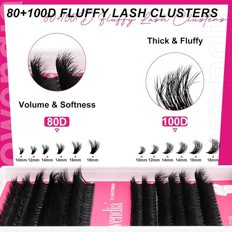 Lash Clusters Kit Fluffy 80D 100D Individual Lashes D Curl Cluster Eyelash Extensions 10-18mm DIY Lash Extension Kit Lash Bond and Seal Waterproof, Lash Applicator, Thick False Eyelashes Kit