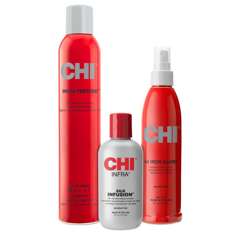 The Starter Squad Bundle - CHI 44 Iron Guard Thermal Protection Spray, CHI INFRA Silk Infusion, CHI Infra Texture Dual Action Hair Spray