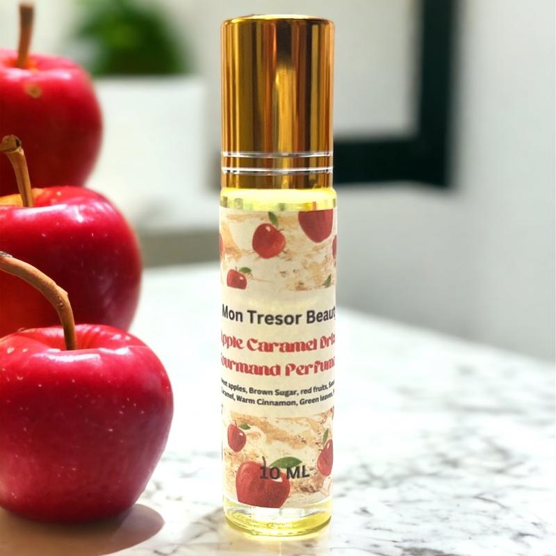 Apple Caramel Drizzle gourmand Body oil Roll- On, fresh picked apples, hint of caramel, sweet vanilla, brown sugar, red fruits, natural scent, cruelty free body oil roll-on, aroma, scented body oil roll-on