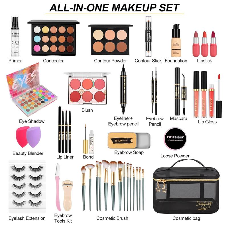 Makeup Set,Make Up Starter Kit With Storage Bag Portable Travel Make Up Palette Eyeshadow Foundation Lip Gloss for Teenage & Adults (Type A)