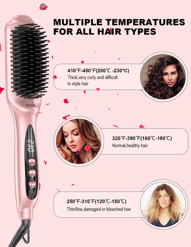 Heated Hair Straightener Brush - Negative Ion Ceramic Flat Iron Brush for Quick & Smooth Frizz-Free Hair | Dual Voltage Salon Comfort