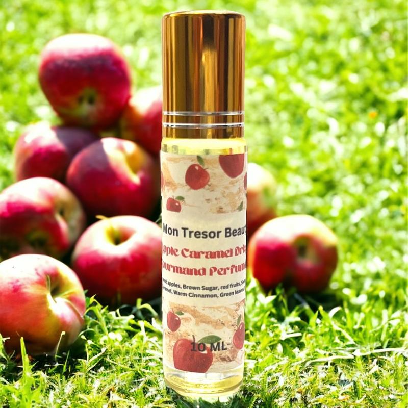 Apple Caramel Drizzle gourmand Body oil Roll- On, fresh picked apples, hint of caramel, sweet vanilla, brown sugar, red fruits, natural scent, cruelty free body oil roll-on, aroma, scented body oil roll-on