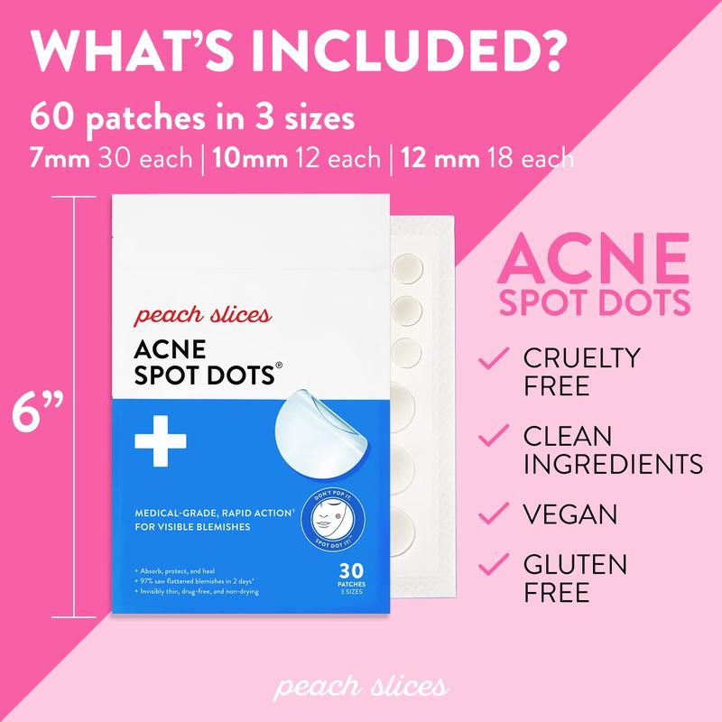 Peach Slices | Acne Spot Dots | Hydrocolloid Acne Patches | For Zits, Blemishes, & Breakouts | Vegan | Cruelty-Free | Pimple Patches | Facial Skin Care Products | 3 Sizes (7mm, 10mm, & 12mm) | 60 Ct