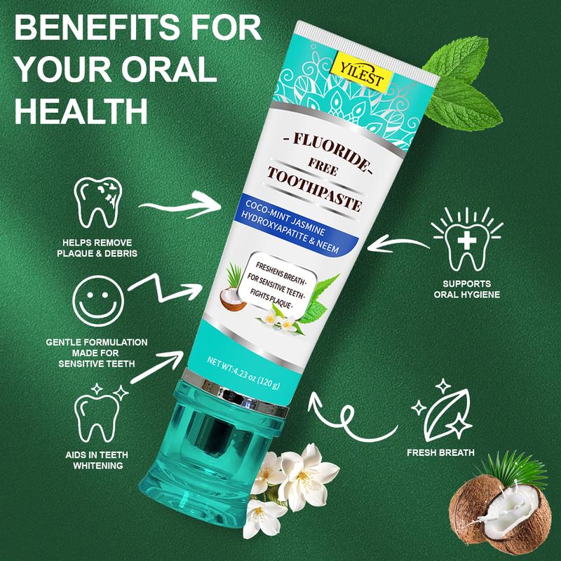 Non Fluoride Hydroxyapatite Whitening Toothpaste Freshens Breath Fights Plaque CocoMint Jasmine Neem 4.2oz