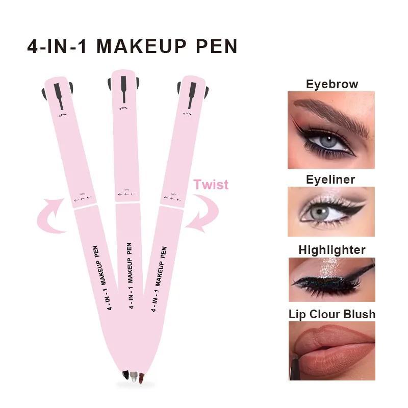 4 in 1 Multifunctional Makeup Pencil, Long Lasting Retractable Makeup Pen, Eyeliner Lip Liner Eyebrow Pen Highlighter 4 in 1, Eye Makeup Tool for Women, Christmas Gift