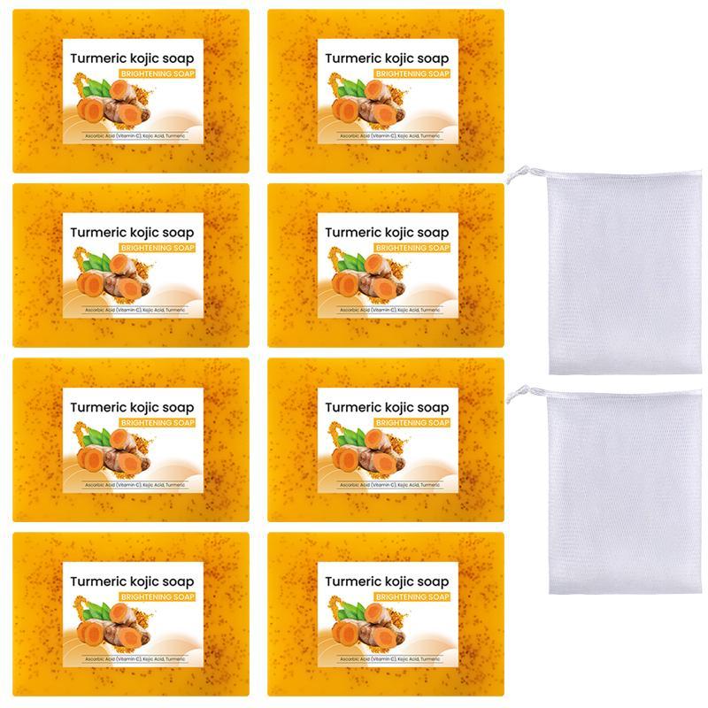 Turmeric Lemon Soap, 8 Counts Deep Cleansing Bathing and Facial Soap with 2 Foaming Nets, Suitable for Both Men and Women