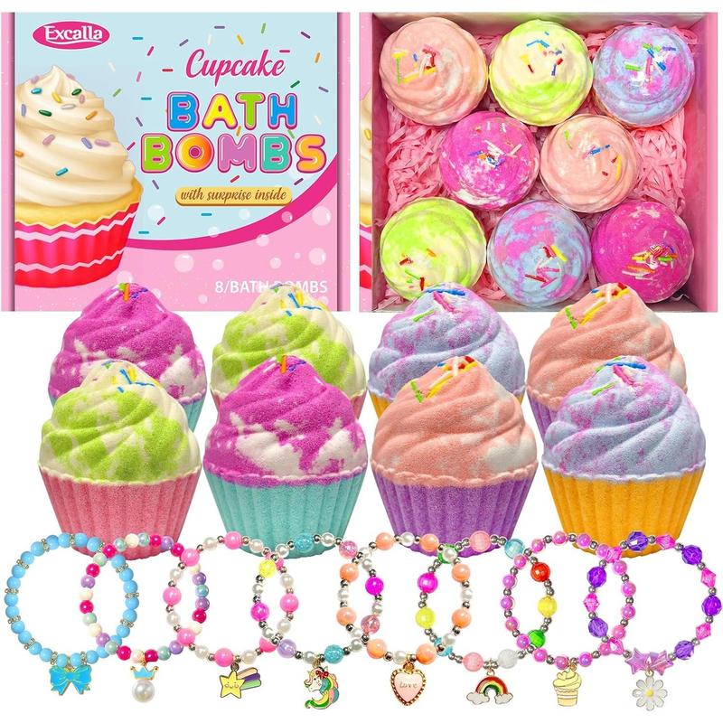 Bath Bombs for Kids with Surprise Jewelry Inside, 8 Cupcake Bath Bombs for Girls Gift Set, Handmade Fizzes Balls with Rich Bubble Bath, Ideal for Chrildren Birthday Christmas Body Care Scent