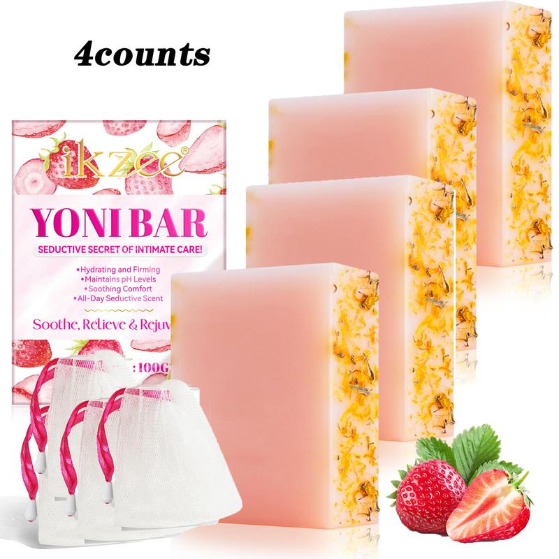 Strawberry Flavor Soap, 4 Counts Moisturizing Gentle Care Soap with Foaming Net, Bath Cleansing Soap, Suitable for Face and Body, Christmas Gift