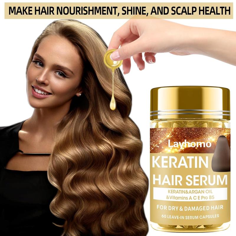 Keratin hair treatment serum, 60 capsules hair treatment oil for dry damaged hair, hair oil with keratin, argan oil-leave-in anti frizz conditioner with vitamins A, C, E & B5-no rinse for hair types