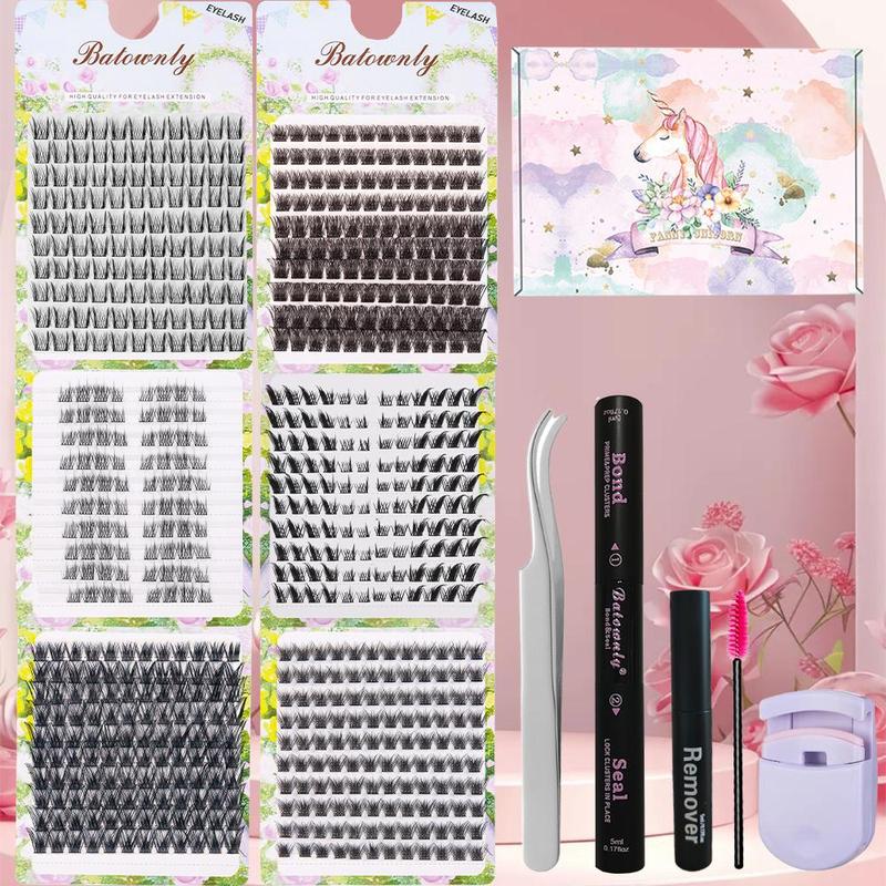 Natural False Eyelashes Kit, 1 Set Mixed Length Individual False Eyelashes with Glue & Tweezers & Remover & Brush & Eyelash Curler, Eye Makeup Accessories