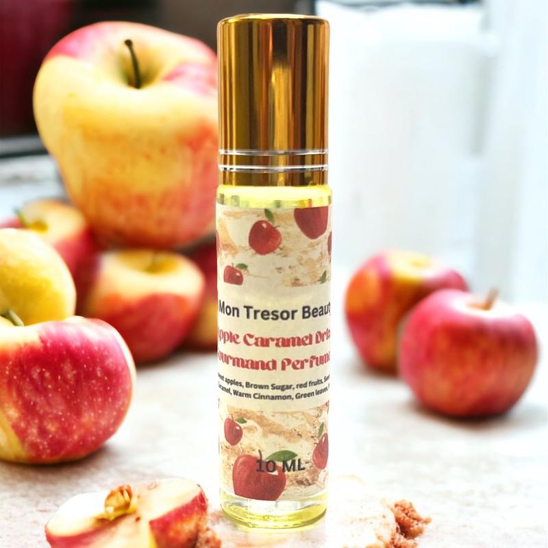 Apple Caramel Drizzle gourmand Body oil Roll- On, fresh picked apples, hint of caramel, sweet vanilla, brown sugar, red fruits, natural scent, cruelty free body oil roll-on, aroma, scented body oil roll-on