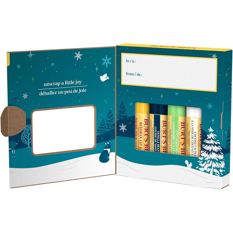 Burt's Bees Christmas Gifts, 4 Lip Balm Stocking Stuffers Products, Assorted Mix Set - Classic Beeswax, Vanilla, Cucumber Mint & Coconut and Pear (4-Pack)